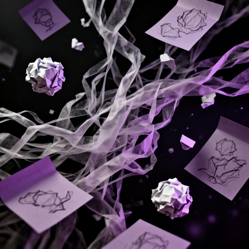 Scattered notes and tangled threads representing creative chaos