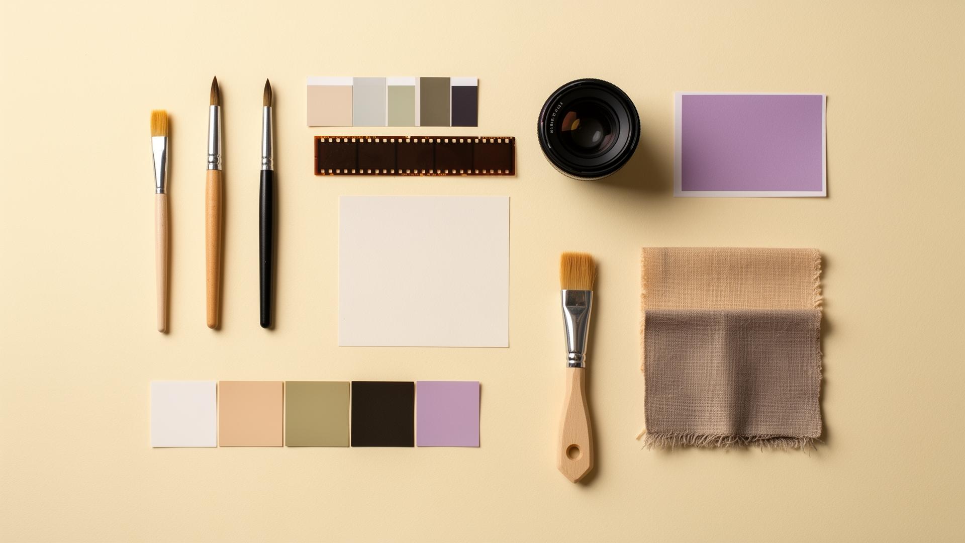 Curated creative tools — brushes, lens, swatches, fabric — laid out as a flat lay